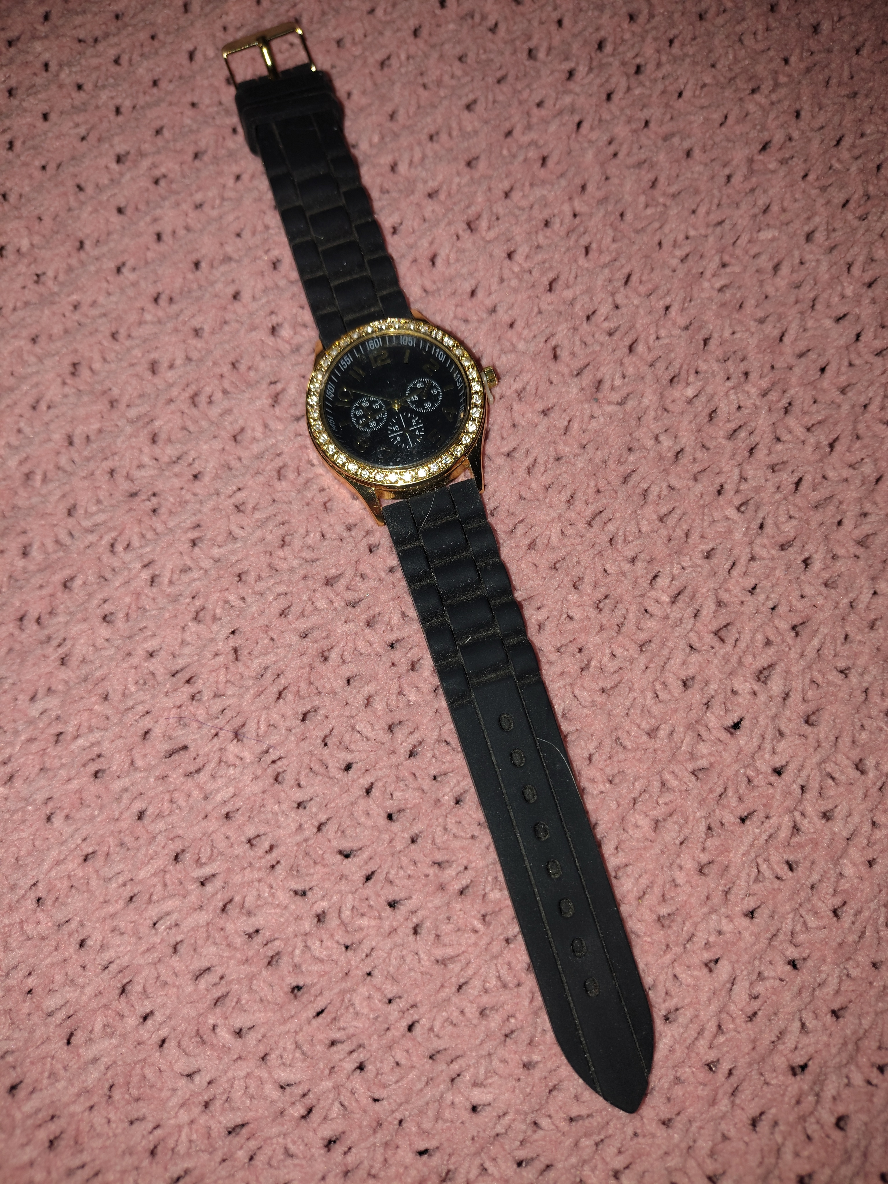 Gold Bezel Black Dial Watch With Black Strap